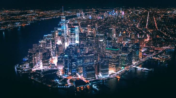 lower manhattan lit up at night