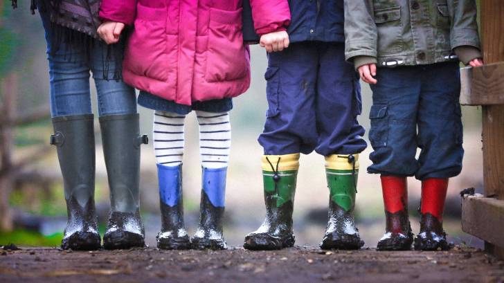 young children holding hands with rain boots on and coats