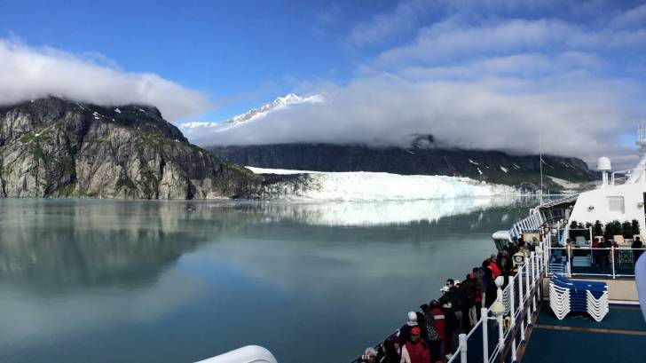 Alaskan cruise ship passing by a glacier