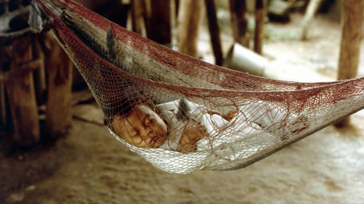 baby napping in netting protected from mosquitoes
