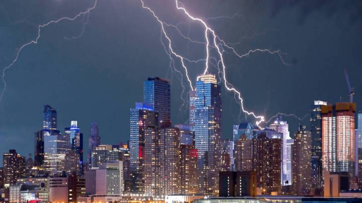 NYC skyline with lightening striking