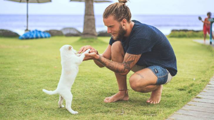 man playing with new puppy outside on grass