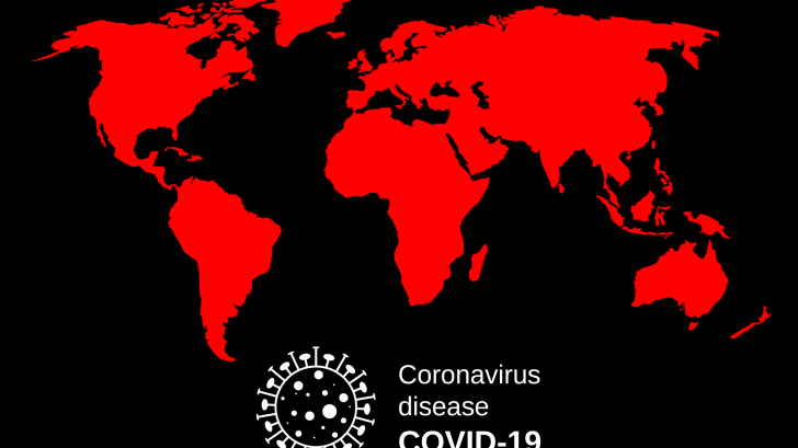 world map in red with covid-19