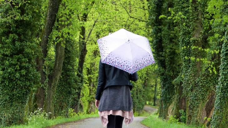 young women with an umbrella wlaking down a tree lined path