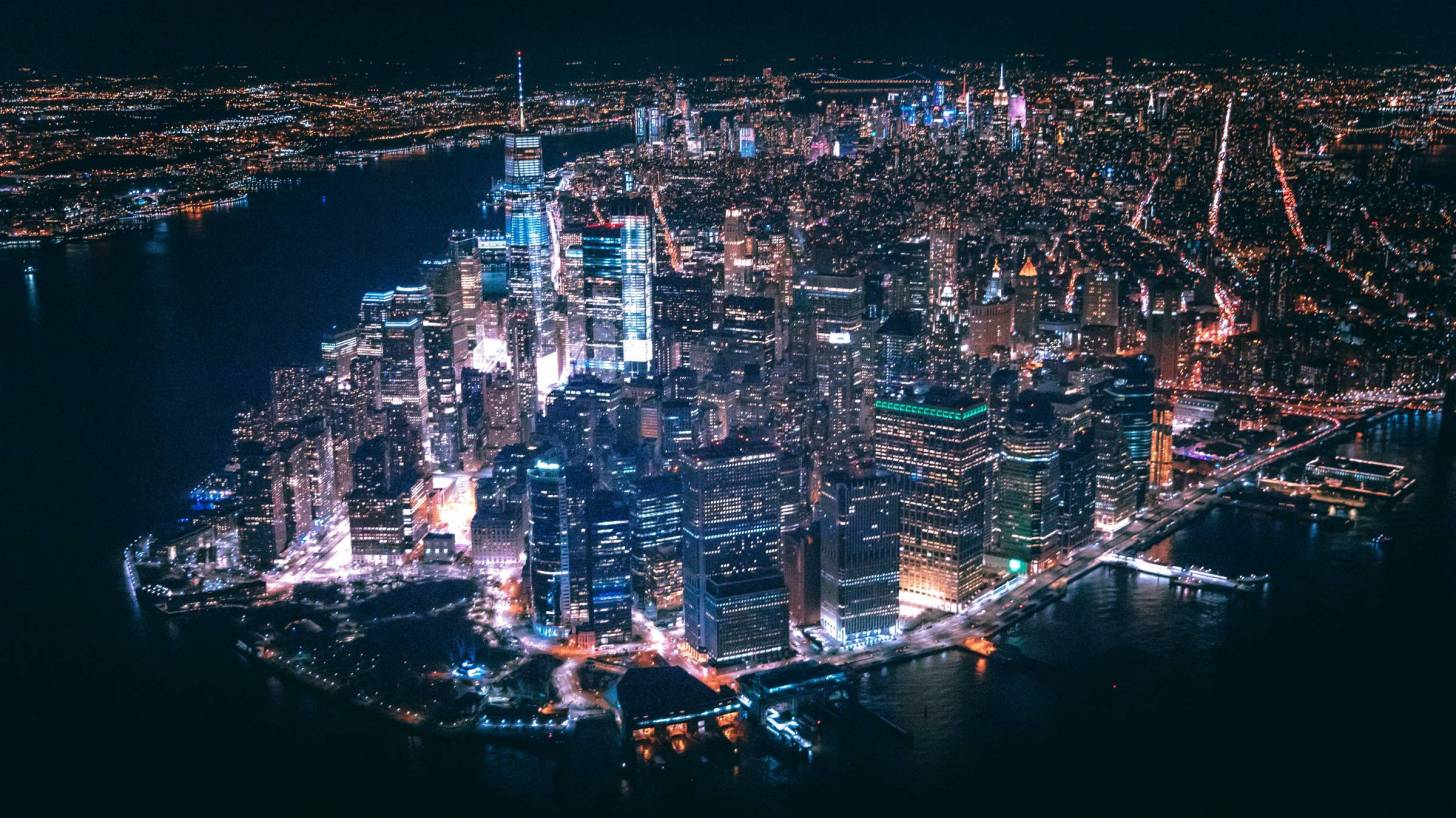 lower manhattan lit up at night