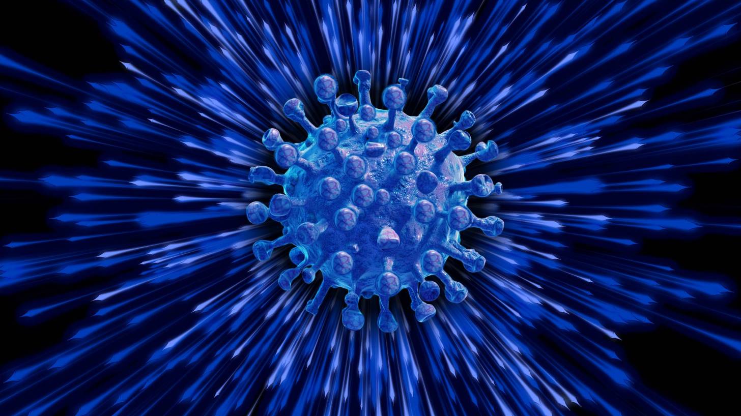 depiction of sars cov 2 in blue