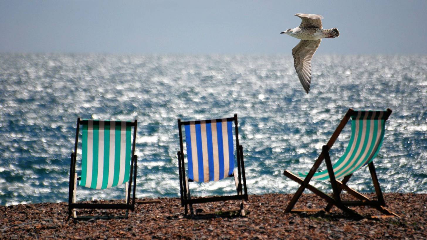 arranging beach chairs on empty beach