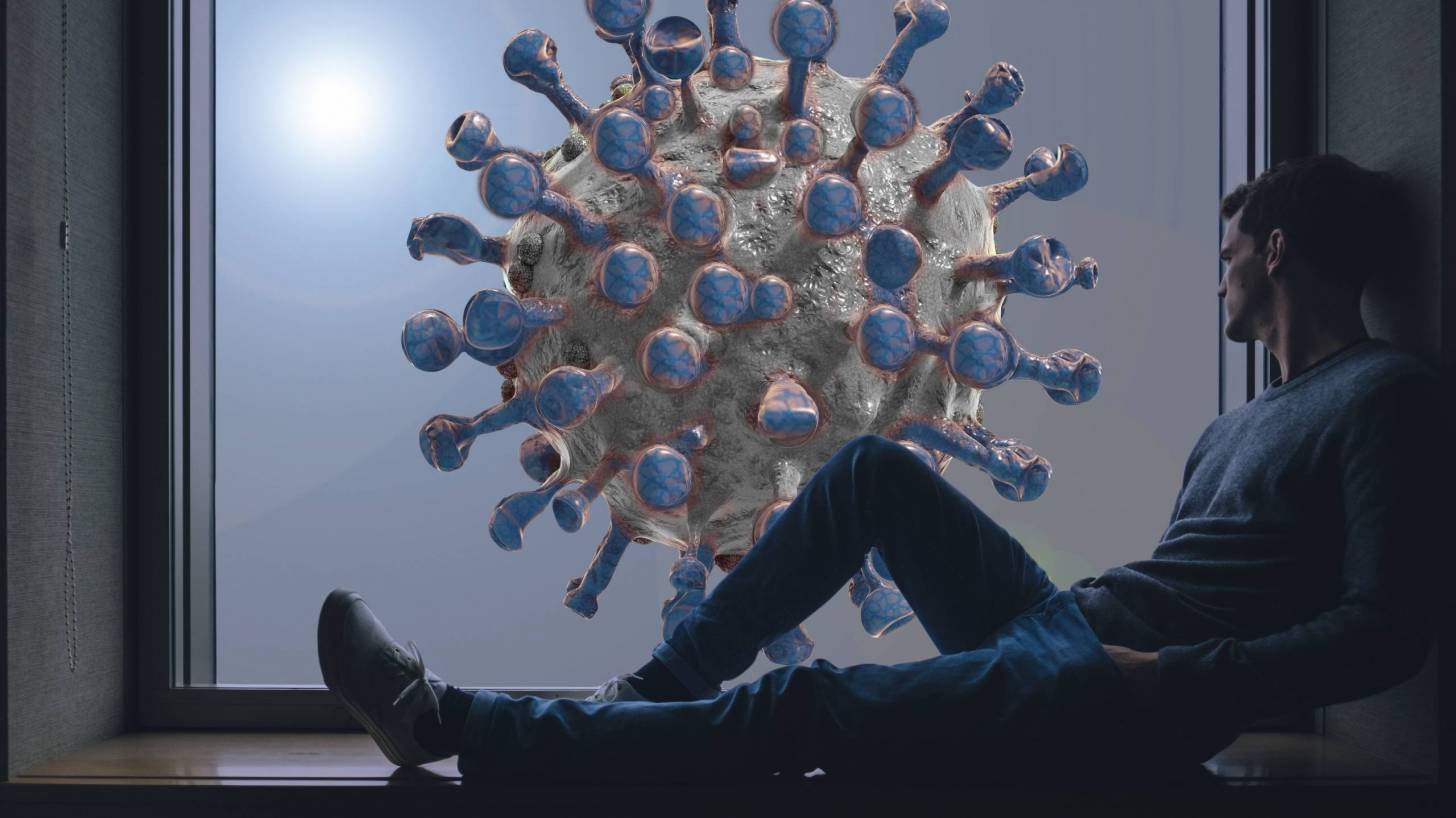 man sitting in a window, coronavirus outside