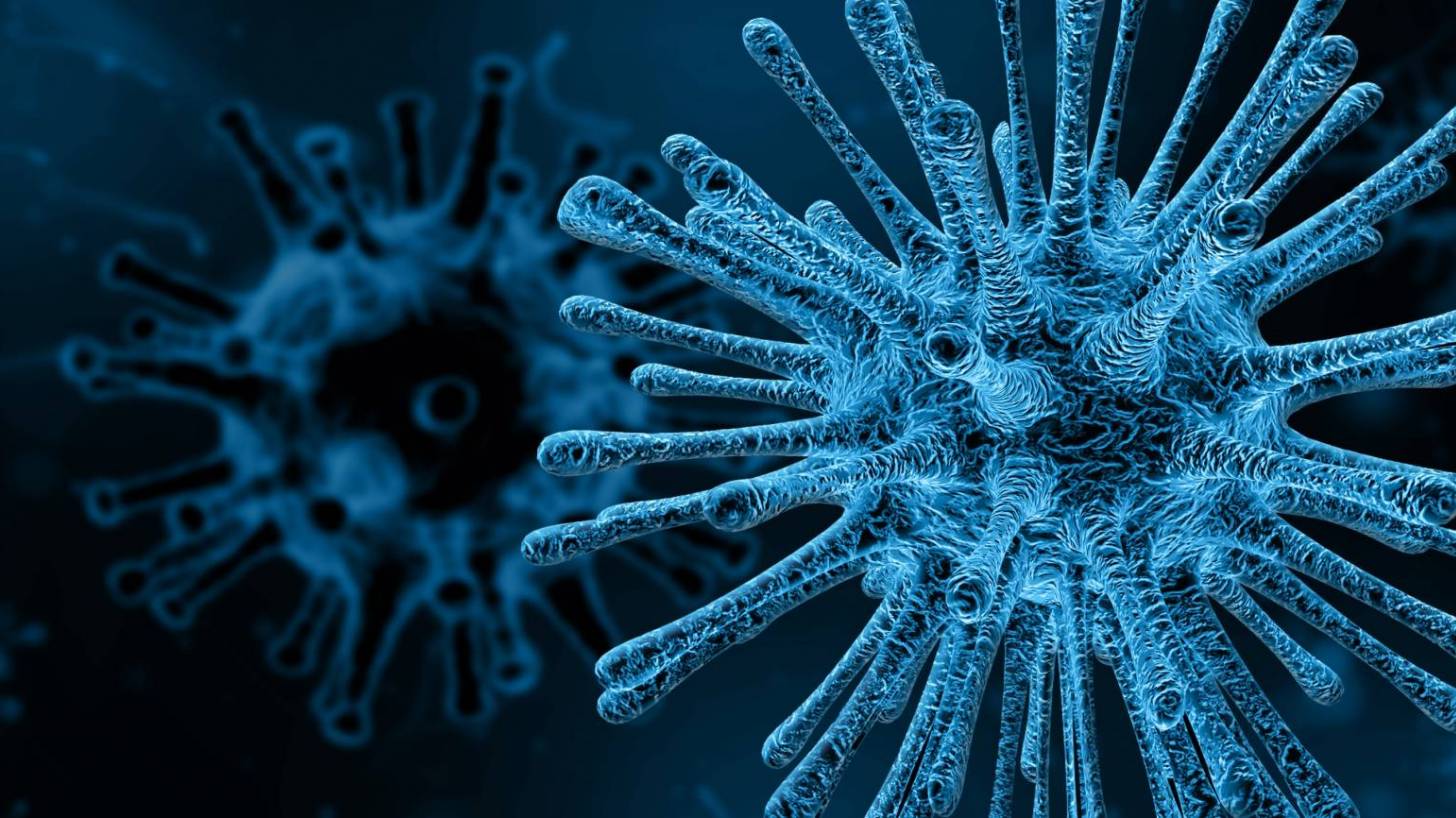 depiciton of a coronavirus in blue