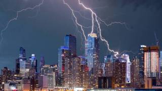 NYC skyline with lightening striking