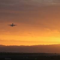 plane taking off in the sun set