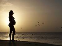 beautiful pregnant woman on a beach at sun down